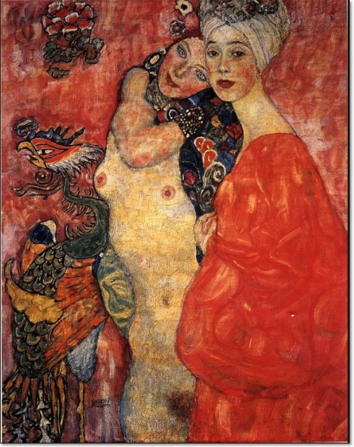 Gustav Klimt: "Freundinnen", 1916-17, Öl auf Leinwand, 99 x 99 cm. 1945 auf Schloss Immenhof verbrannt. Ehemals Sammlung August und Serena Lederer