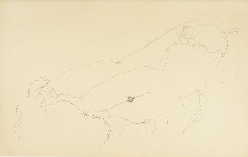 Gustav Klimt, ZWEI LIEGENDE RÜCKENAKTE, 1905/06 Bleistift auf chamoisfarbenem Simili-Japanpapier, 349 x 551 mm Studie für das Gemälde ‚Wasserschlangen II’, 2. Zustand (1907)