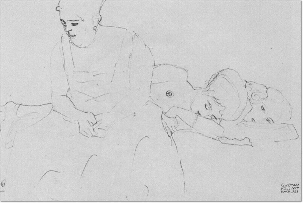 Gustav Klimt: 'Dicke sitzende Frau im Vordergrund, hinter ihr zwei Liegende'. Bleistift auf Papier.