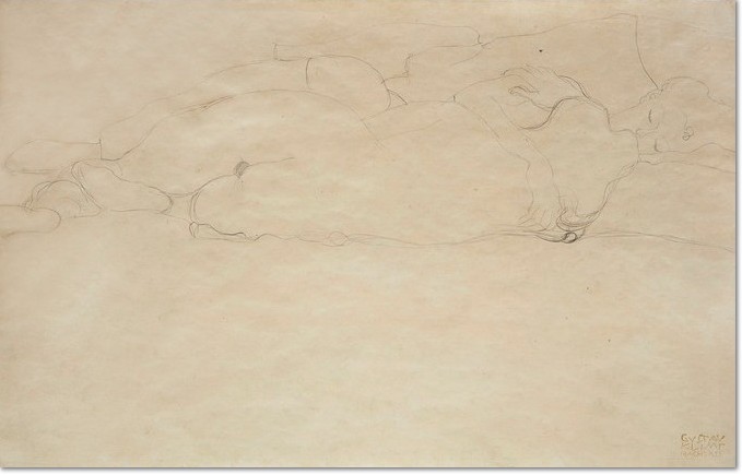 Gustav Klimt, Freundinnen in Umarmung, ,1905/06, Bleistift auf Papier, 345 x 550 mm, Nachlassstempel rechts unten Studie zu „Wasserschlangen II“ (2. Zustand, 1907)