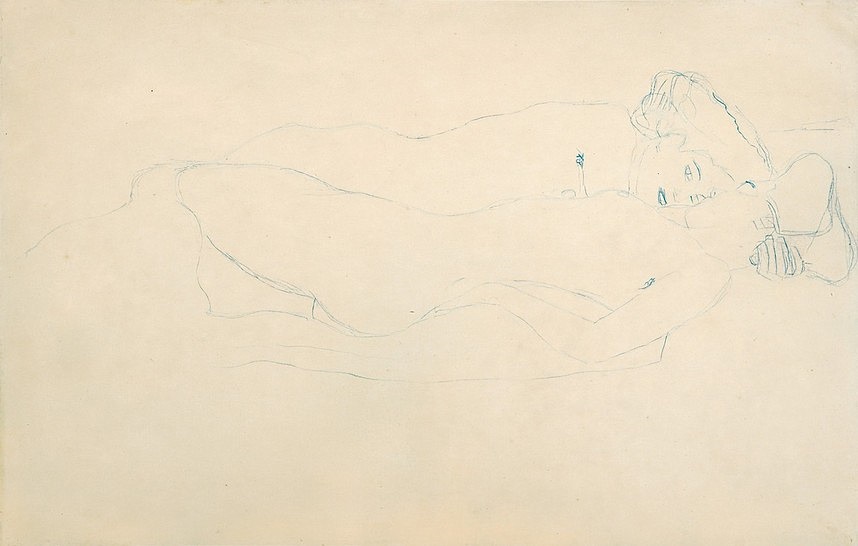 Gustav Klimt Freundinnen nach rechts liegend, 1905/06, Studie für das Gemälde ,Wasserschlangen II’, 2. Zustand 1907 Blauer Farbstift auf Papier