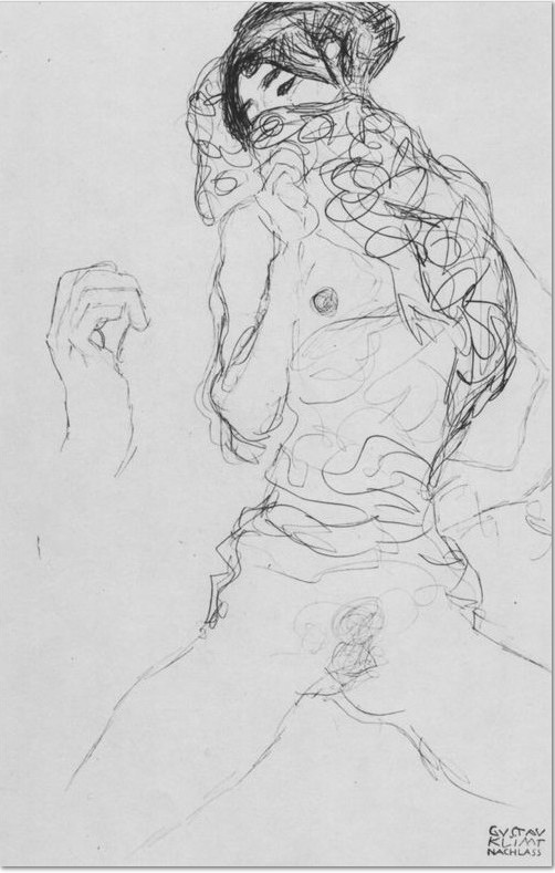 Gustav Klimt: 'Halbakt mit teilweise verdecktem Gesicht und Handskizze', 1916, Studie für das Gemälde »Die Braut«, Wien, Österreichische Galerie