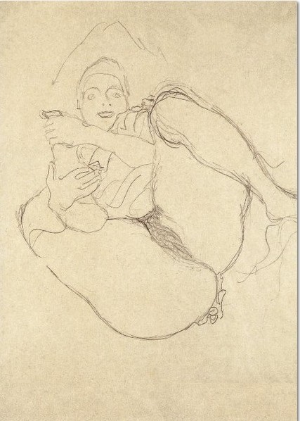 Gustav Klimt: 'Liegender Halbakt, frontal', 1910, Buntstiftzeichnung auf Papier