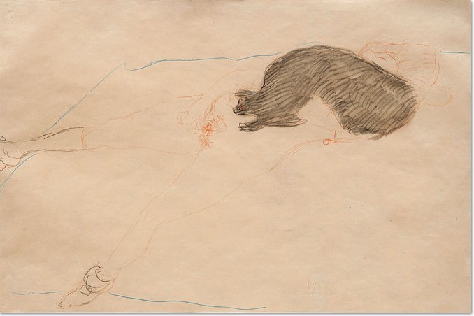 Gustav Klimt NACH RECHTS LIEGENDER AKT MIT PELZ, 1910, Bleistift, blauer und roter Farbstift auf Papier, 370 x 560 mm