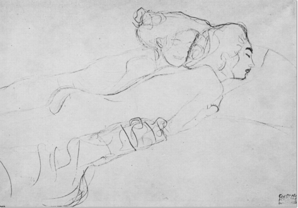 Gustav Klimt, Zwei auf dem Bauch liegende weibliche Akte, 1906, Roter Farbstift, auf Papier, Figurenstudien zum Gemälde »Wasserschlangen«, Wien, Österreichische Galerie