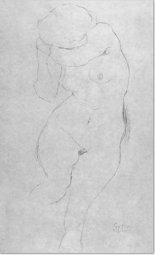 Gustav Klimt, weiblicher Akt nach vorn , mit dem linken Arm das Gesicht verdeckend, 1913, Aktstudie im Zusammenhang mit dem Gemälde »Jungfrau« Bleistift auf Papier