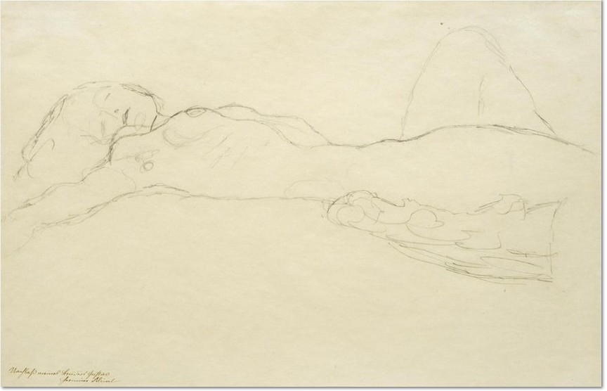 Gustav Klimt: 'Liegender Akt nach links, das linke bein aufgestellt, 1916/17, Bleistift auf chamoisfarbenem Simili-Japanpapier