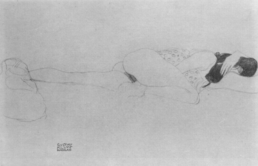 Gustav Klimt, Liegender weiblicher Halbakt, den Kopf in die Beuge des linken Armes gelegt, 1905