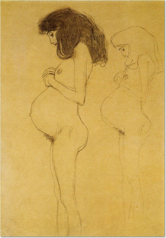 Gustav Klimt, ca. 1902, Stehende Schwangere im Profil, mit Wiederholung der Figur Studie für Die Hoffnung , Schwarze Kreide 