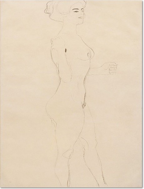 Gustav Klimt, NACH RECHTS SCHREITENDER MÄDCHENAKT, 1906/07 Bleistift auf Papier, 560 x 368 mm