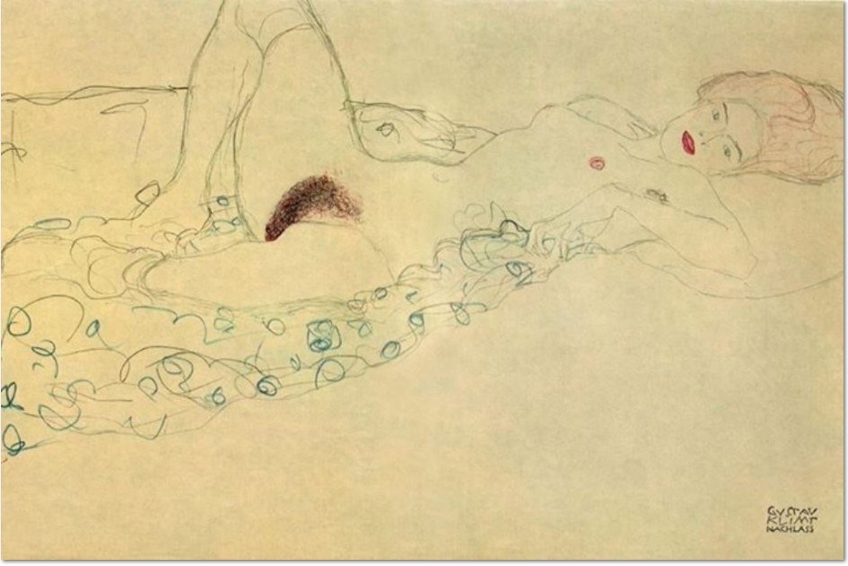 Gustav Klimt: "Akt mit geöffneten Beinen", 1912, Buntstift auf Papier