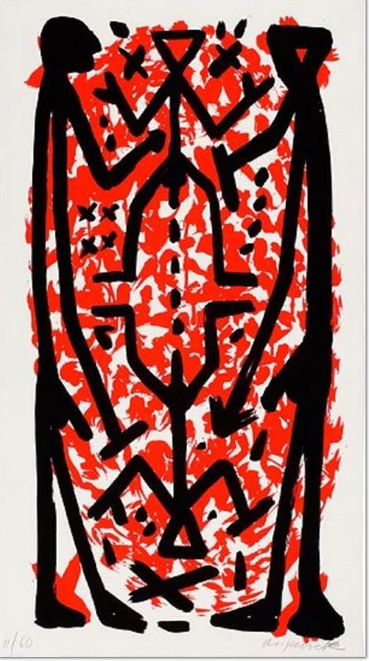 A. R. Penck: ‚Standart Hoch I‘, 1997, Serigrafie auf Hahnemühle-Bütten, signiert, nummeriert, lim. Auflage 60 Exemplare, Blattformat: 107,5 x 60 cm