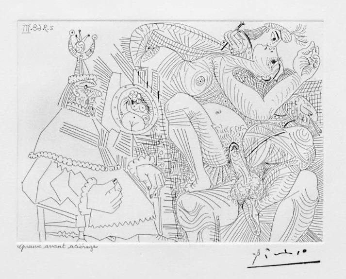 Pablo Picasso - Suite Vollard - Raphael et la Fornarina XII: Dans son Fauteuil, le Pape se Sent Cocu 1968