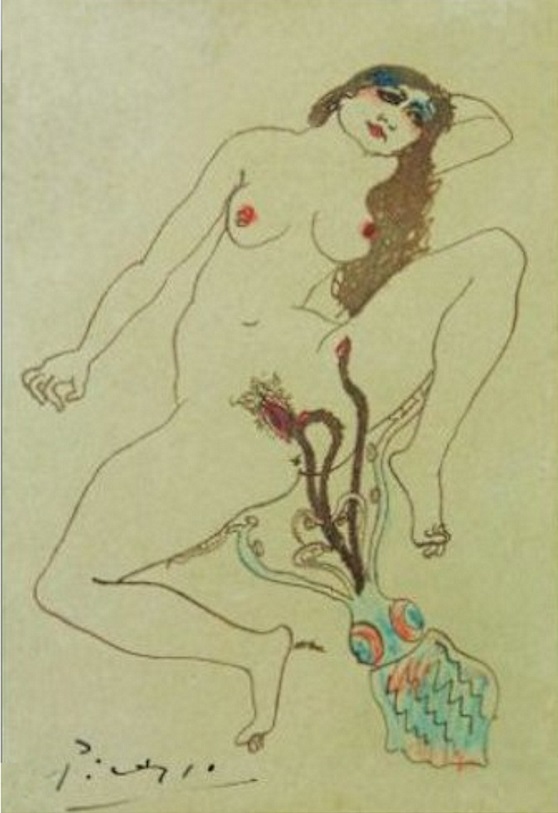 Pablo Picasso: "Dessin érotique", Barcelona, 1903, Pen, brown ink & colored pencils on card, 13,2 x 8,9 cm, Collection: Christie's.