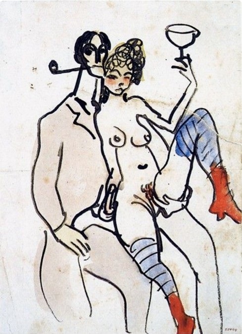 Pablo Picasso: "Angel Fernández de Soto avec une femme", Barcelona, [January~Late-October]/1902 [~1903].Pen, sepia ink & watercolor on white paper.21 x 15,2 cm. Museu Picasso, Barcelona.