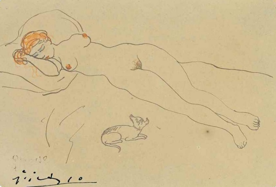 Pablo Picasso - Femme nue au chien signed 'Picasso' (lower left) pen and brown ink and colored wax crayons on card 3 5/8 x 5 ¼ in. (9.1 x 13.3 cm.) Drawn in Barcelona in 1902