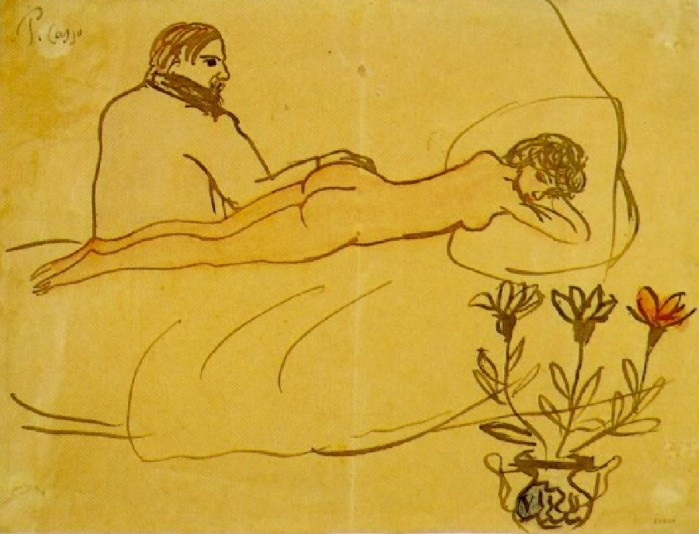 Pablo Picasso:"Nu couche avec Picasso assis a ses pieds," 1902-1903. 