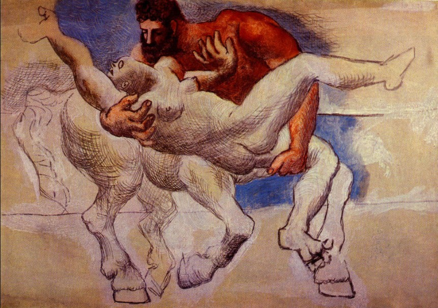 Pablo Picasso: ‘Nessus et Déjanire (Le centaure Nessus enlève le femme d’Héraclès ; – cf. Ovide, Mét. IX, 101–103)’, 1920, Juan-le-Pins, Crayon d’argen sur papier, Chicago, Art Institute.