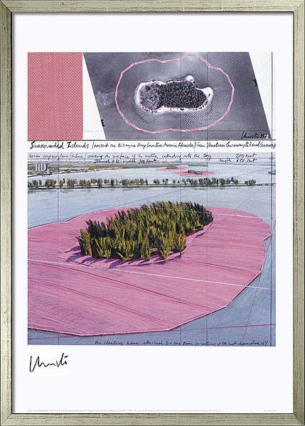 Christo und Jeanne-Claude: „Surrounded Islands III - Project Biscane Bay”, 2009, drucksigniert, Lithografie, Bildformat: 78 × 62 cm, Blattformat 100 × 70 cm.