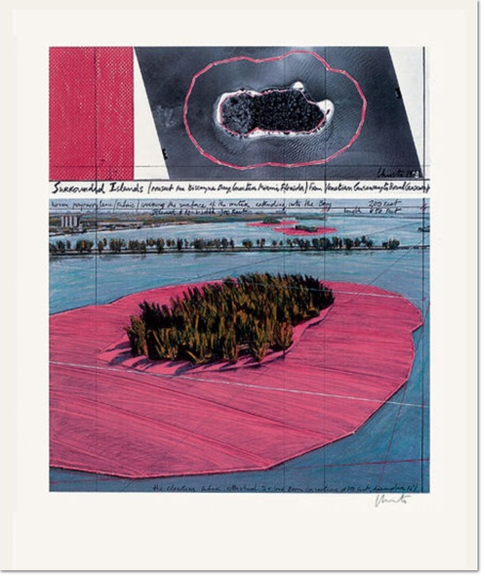 Christo and Jeanne-Claude- Surrounded Islands, 1980 - 83, Vierfarbenoffset im Nass-in-Nass-Verfahren auf weißem Büttenkarton, durch Christo handsigniert, Gesamtauflage vom Künstler nicht benannt, Bildformat: 72,5 x 61,5 cm, Blattformat 100 x 69,5 cm.