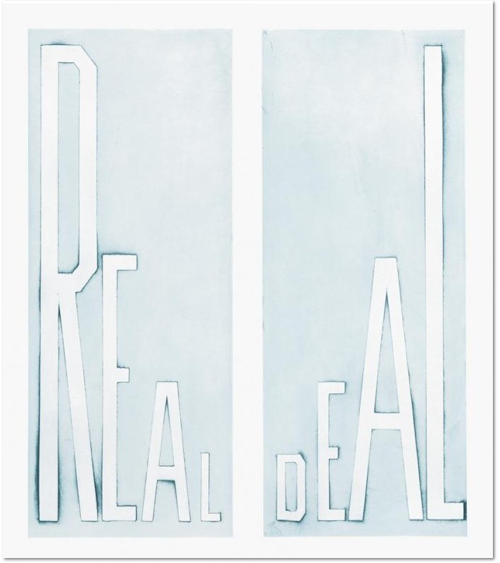 Ed Ruscha, Real Deal, 2014 Medium Flat bite etching printed in blue Image Size 29½ x 25½ Paper Size 36½ x 31½ Edition Size 40 Signed and numbered by the artist Publisher Crown Point Press - Printer Emily York