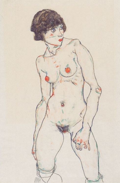 Egon Schiele, Stehende Frau mit Strümpfen, 1914 /  Standing female nude with stockings", 1914, Gouache and black chalk