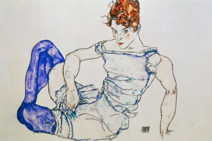 Egon Schiele, Sitzende Frau mit violetten Strümpfen / Seated woman with purple stockings', 1917, Gouache and black chalk