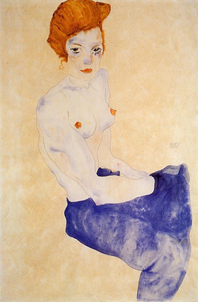 Egon Schiele, Seated blue nude (1911) Originalgröße: 32 x 48 cm Wasserfarbe und Stift auf Papier, zu sehen: The Hague, Haags Gemeentemuseum