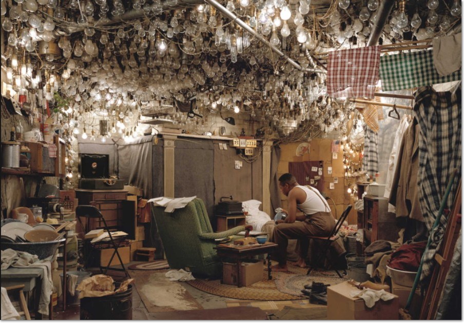 Jeff Wall: After "Invisible Man" by Ralph Ellison, the Prologue, 2000. Silver dye bleach transparency; aluminum light box, 5 ft. 8 1/2 in. x 8 ft. 2 3/4 in. (174 x 250.8 cm) , MoMa, New York