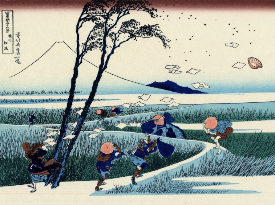Katsushika Hokusai (Japan, Tokyo (Edo) 1760–1849 Tokyo (Edo)) „Ejiri in Suruga Province (jap. 富嶽三十六景, Sunshū Ejiri)“, ca. 1830–32, aus der Serie “36 Ansichten des Berges Fuji” (Fugaku sanjūrokkei), Holzschnitt, Tinte und Farbe auf Papier, 25.4 x 37.1 cm © The Metropolitain Museum of Arts, New York, 1000 Fifth Avenue