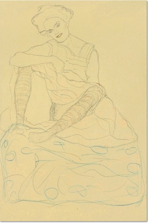 Gustav Klimt, Halbakt mit gegraetschten Beinen sitzender Halbakt, 1910