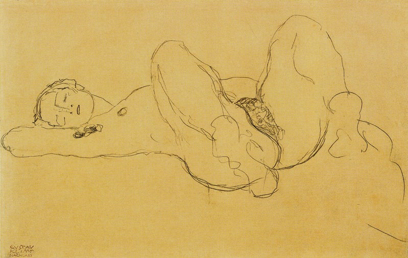 Gustav Klimt, Liegender Akt nach links mit angezogenen Beinen / Reclining nude to the left with legs tightened', 1912 -13, pencil om paper
