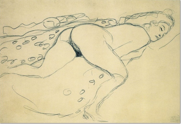 Gustav Klimt: 'Auf dem Bauch liegender weiblicher Akt, 1910, Buntstift auf Papier