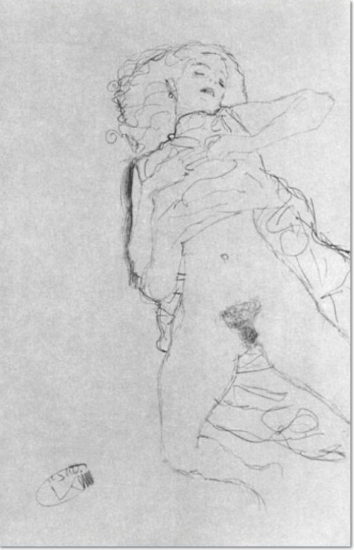 Gustav Klimt: "Auf dem Rücken mit hochgezogenem Hemd Liegende", 1912, Bleistift auf Papier