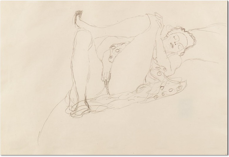 Gustav Klimt, Liegender Halbakt nach rechts, 1914/15, Buntstifte auf Papier
