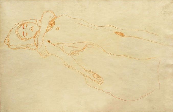 Gustav Klimt, nach links liegender Akt, Rötel auf Papier / Reclining Nude”, 1907, red chalk on paper