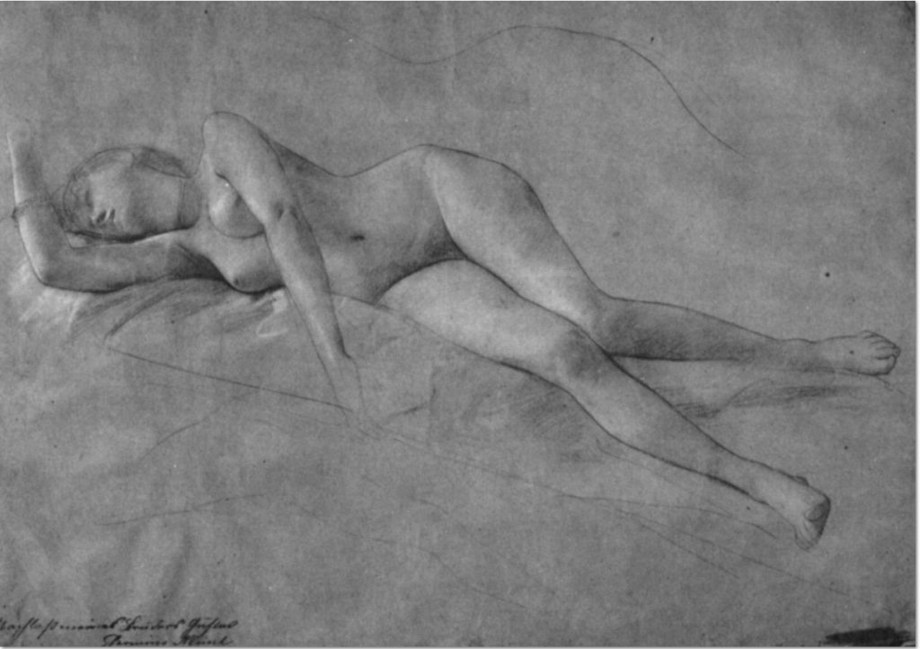Gustav Klimt: "Weiblicher Akt (2)/ Female Nude", 1886–1888, schwarze Kreide, weiß gehöht, auf Papier / black chalk, heightened with white, on paper