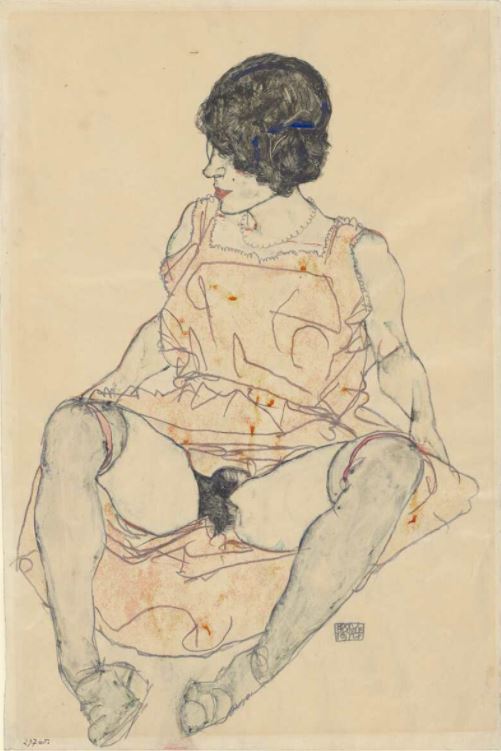 Egon Schiele, Sitzende Frau mit hochgeschobenem Kleid, 1914, Bleistift, Aquarell, Deckfarben mit proteinhaltigen Bindemitteln, auf Japanpapier (Albertina, Wien)