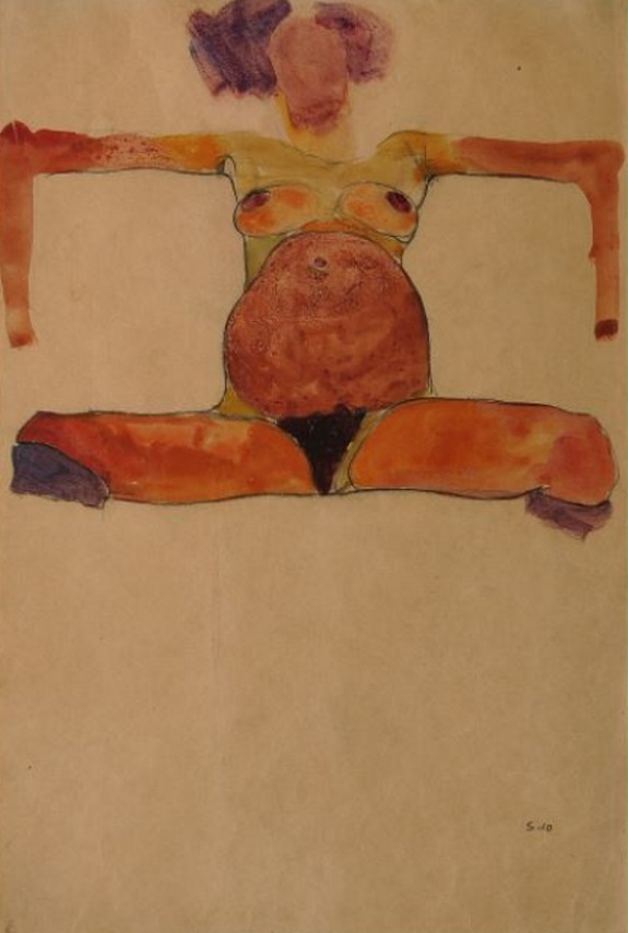 Egon Schiele "Sitzender schwangerer Akt" Aquarell und schwarze Kreide auf Papier, 1910