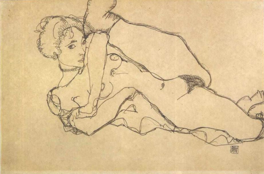 Egon Schiele:"Liegender Akt mit angezogenen linken Bein", 1914