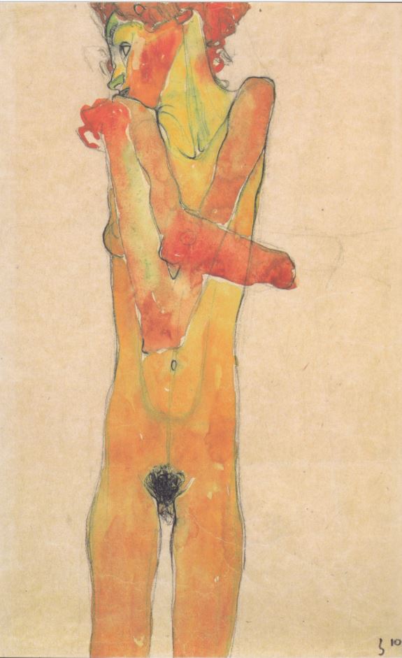 Egon Schiele - Mädchenakt mit verschränkten Armen / Nude girl with crossed arms", 1910, watercolour on paper, private collection.