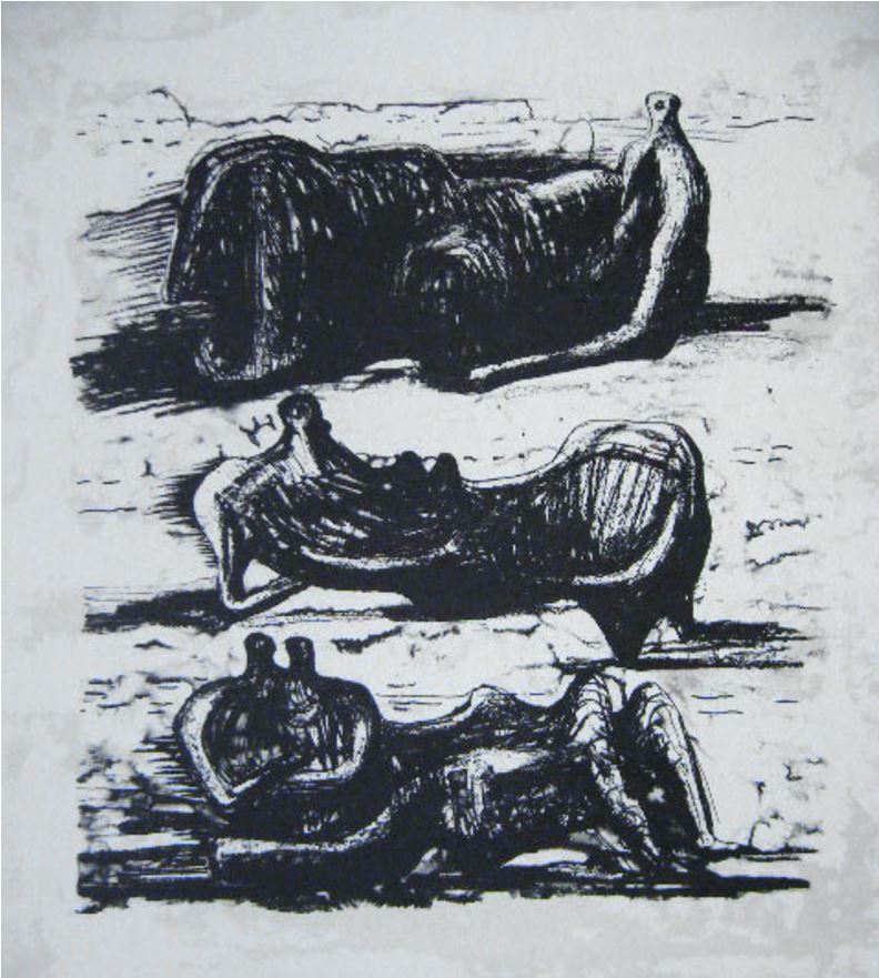 Henry Moore - Three Reclining Figures, from: La Poesie, 1973, Original Hand Signed Lithograph in colours on Arches vellum paper Size: 47.2 x 38.5 cm / 18.6 x 15.2 in , hand signed by the artist in pencil with his initials “H.M” at the lower right margins. The work was printed as part of the portfolio “La Poesie” that included 10 original lithographs by Henry Moore. It was printed in 1976 by Curwen Studio, London and edited by Art et Poesie in a limited edition of 110 impressions. Literature: Cramer, Gerald, Grant, Alistar & Mitchinson, David, 1986. Henry Moore: Catalogue of the Graphic Work, Volume IV, 1980-1984. Geneva: Gerald Cramer. Reference: Cramer 325.