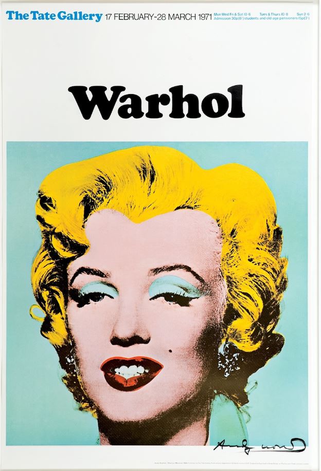 Andy Warhol: "Marilyn", 1971/1986, Offset print published by Tate Gallery, London (not in F. & S.) One of about 30 signed official exhibition posters. Format: 76.2 x 50.8 cm. Andy Warhol signed with a black marker lower right for Anthony d'Offay in London, 1986, during a private opening for the Andy Warhol exhibition at the Anthony d'Offay Gallery, London, July 9 - August 22, 1986. This was Warhol's last exhibition in England before his death. This print was originally published by Tate Gallery, London, 1971, for their Andy Warhol exhibition. It was realized by Hillingdon Press Lim., Uxbridge. Condition of the sheet: minor surface soiling, occasional soft creases, fading of the colour due to time, otherwise in good condition, framed in a white wooden frame, as illustrated