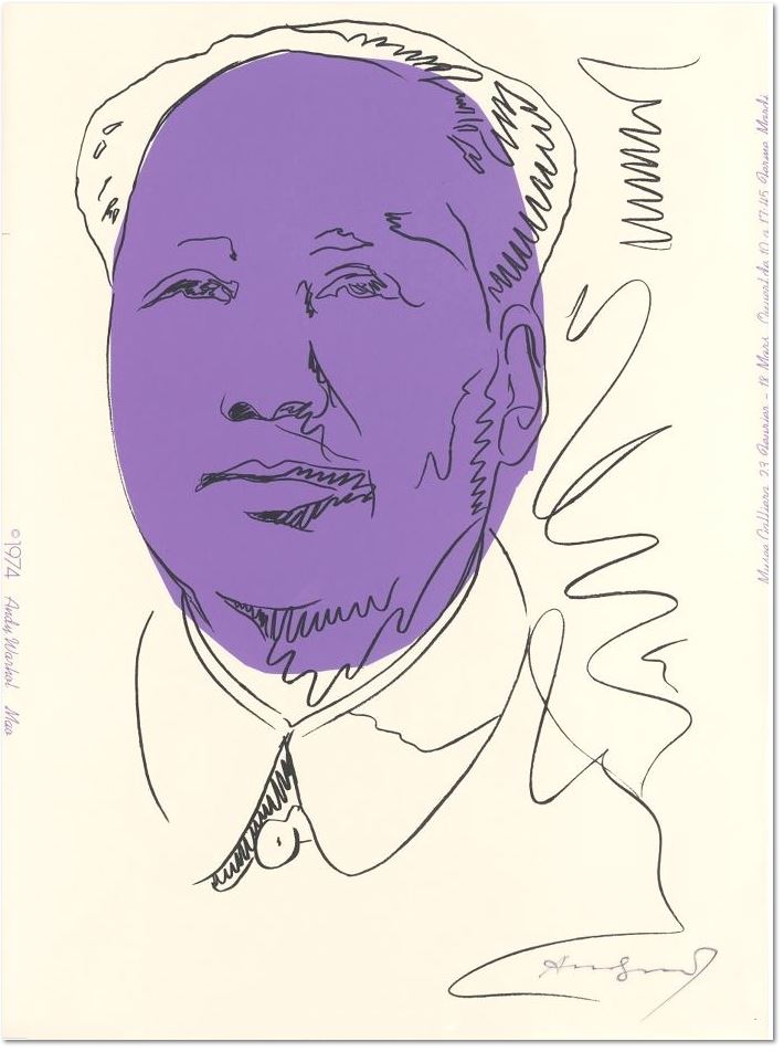 Andy Warhol: Mao (Wallpaper), 1974, Screenprint on wallpaper, (F. & S. 125A), size: 101.9 x 74.9 cm (40 1/8 x 29 ½ inches), edition of approximately 100, signed in felt pen in 1979. Published for a Warhol exhibition at the Musée Galliera, Paris, France, February 23rd – March 18th, 1974. Printer: Bill Miller’s Wallpaper Studio, New York. Publisher: Factory Additions, New York