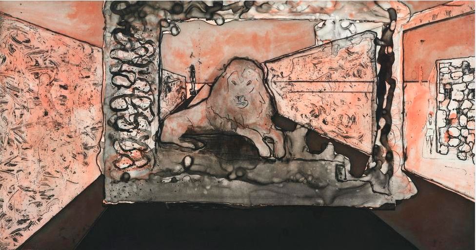 Peter Doig - Lion in the Road, 2016, Etching with gravure, aquatint, open bite, spitbite and hardground printed in two colors on Arches En Tout Cas paper. Paper: 22 x 36 inches 55.9 x 91.4cm Image: 16 x 30 inches 40.6 x 76.2cm Edition of 40, 7 AP's, PP's