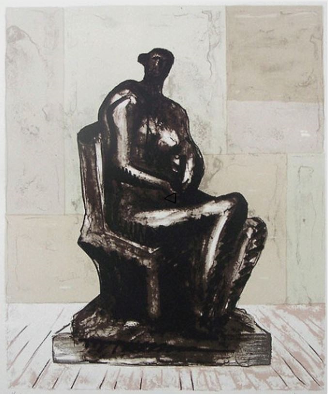 Henry Moore: 'Seated Figure', 1973, Lithograph in colours on T H Saunders, signed in pencil and numbered, edition of 75, size: Image: 34 x 28 cm, Sheet: 64.5 x 55 cm. Reference: Cramer 292, Printed by: Curwen Prints Ltd, London