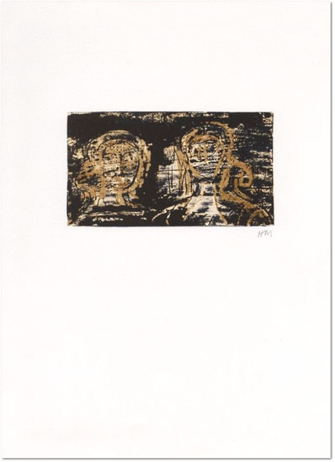 Henry Moore: Two heads, 1973, Original Lithograph in 3 colors, signed with the artist's monogram in pencil, extracted from the book "La Poésie". Art et poésie Ed., Paris, edition of 45 copies on Arches and 45 copies on Japanese paper, unnumbered, picture size: 19 x 11,4 cm, sheet: 38 x 47 cm, Ref. Cramer n°318