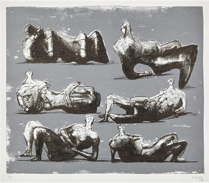 Henry Moore - Six Reclining Figures, 1973, Lithograph in colours on T H Saunders, Signed and dated in pencil and numbered (Edition 100) Image: 31.7 x 38 cm Sheet: 52 x 67.3 cm