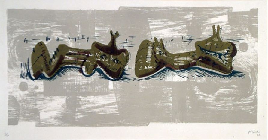 Henry Moore - Two Reclining Figures with River Background, 1963, Lithograph in colours on Oriental paper, Signed and numbered in pencil (Edition 50) Image: 30.5 x 62.9 cm