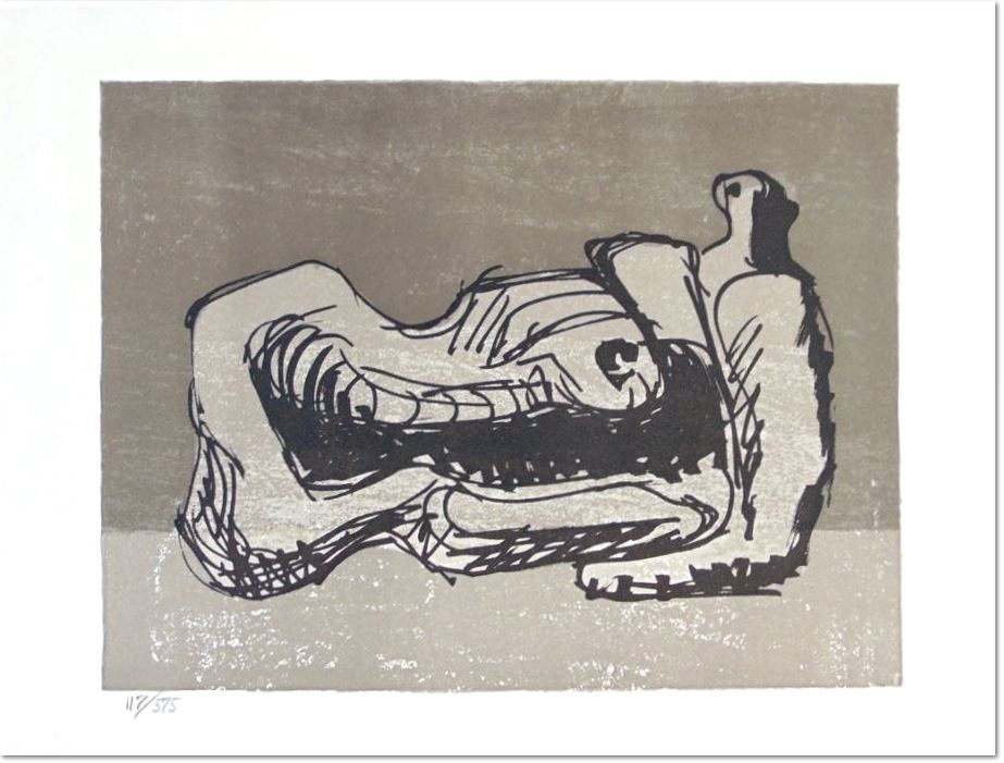 Henry Moore: Reclining Figure, 1975, Lithograph on Arches Wove Paper, hand numbered in pencil, from the edition of 575 at the lower left margin, edition of 575 produced for the book ‘Hommage à San Lazzaro’, there was also a deluxe edition of 75 signed and numbered impressions. It was printed by Curwen Prints, London and published by Société Internationale d’Art XX Siècle, Paris in 1975. Paper size: 28.6 x 38.4 cm. / 11.3 x 15.1 in. Image size: 21.3 x 28.3 cm. / 8.4 x 11.1 in. Literature: Cramer, G., Grant, A., & Mitchinson, D. (1973). Henry Moore: Catalogue of the Graphic Work 1931-1972. Geneva: Gérald Cramer Éditeur Reference: Cramer 366